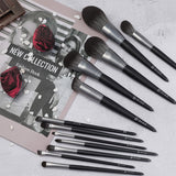 Black and silver high-end luxury 12-piece fiber wood handle makeup brush set