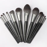 Black and silver high-end luxury 12-piece fiber wood handle makeup brush set