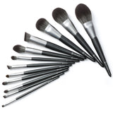 Black and silver high-end luxury 12-piece fiber wood handle makeup brush set