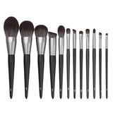 Black and silver high-end luxury 12-piece fiber wood handle makeup brush set